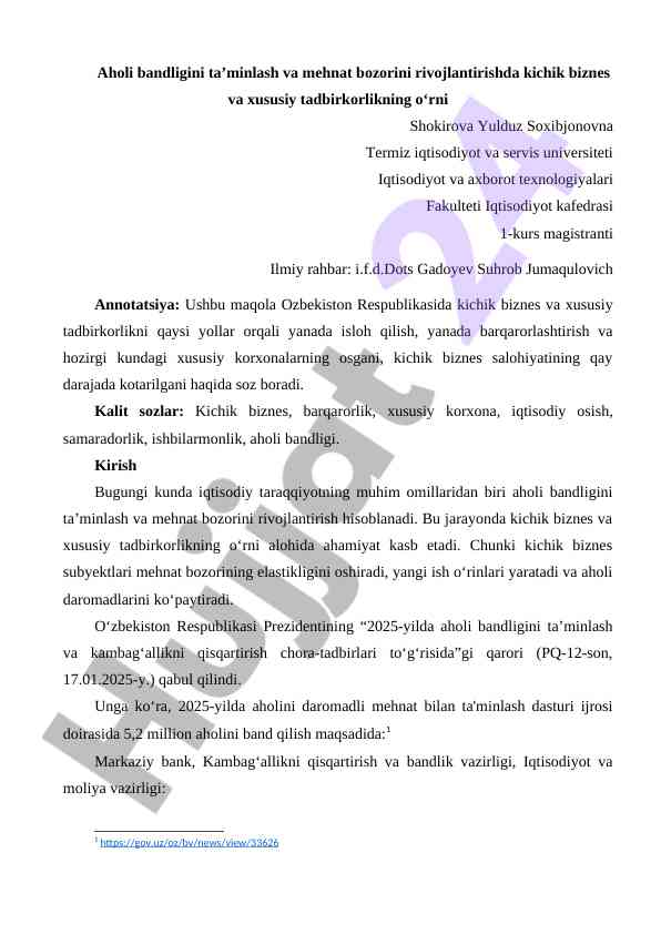 Kichik Biznes Va Xususiy Tadbirkorlik O‘rni