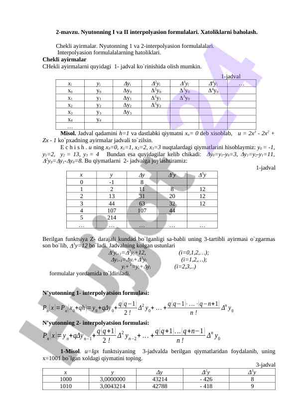 Nyutonning interpolyasion formulalari va xatoliklar