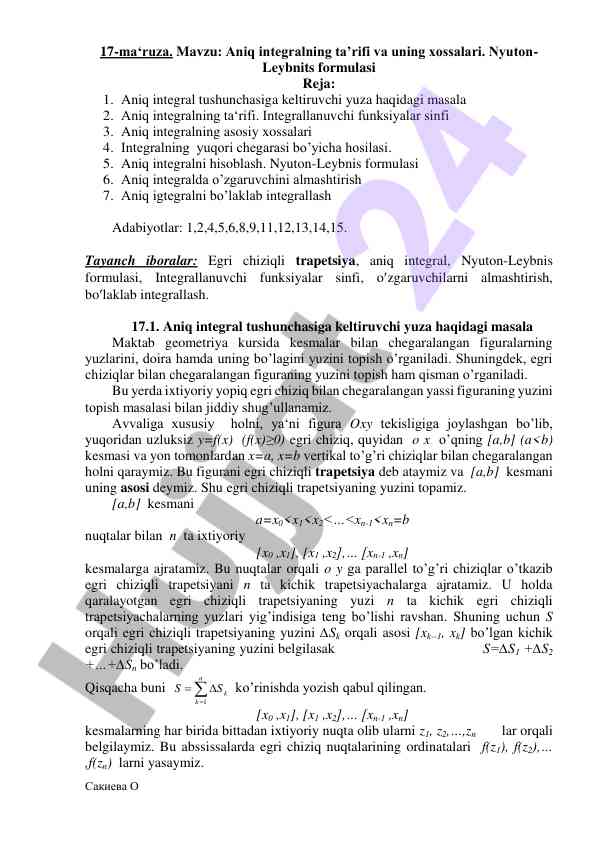 Aniq integralning ta'rifi va xossalari