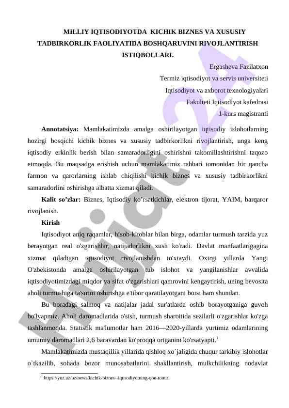 Milliy Iqtisodiyotda Kichik Biznesni Rivojlantirish