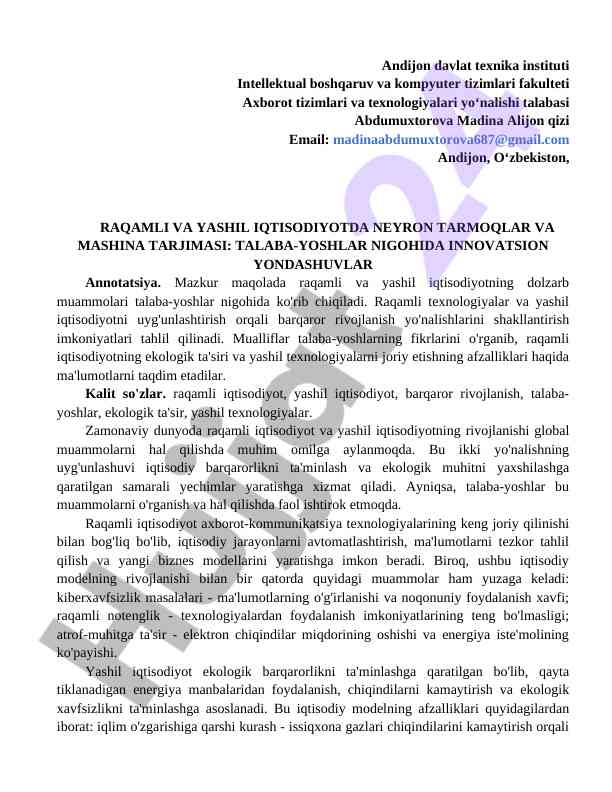 Raqamli va yashil iqtisodiyotda innovatsion yondashuvlar