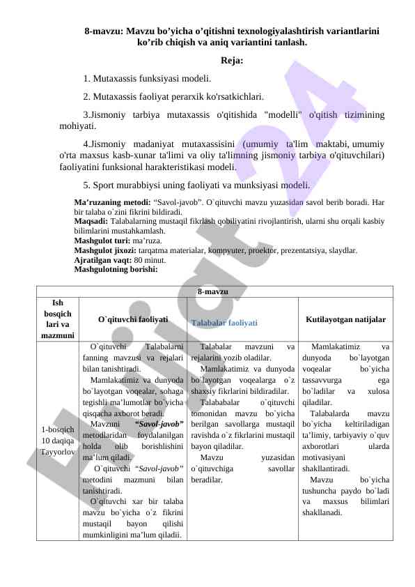 O'qitishni texnologiyalashtirish mavzusi bo'yicha ma'ruza
