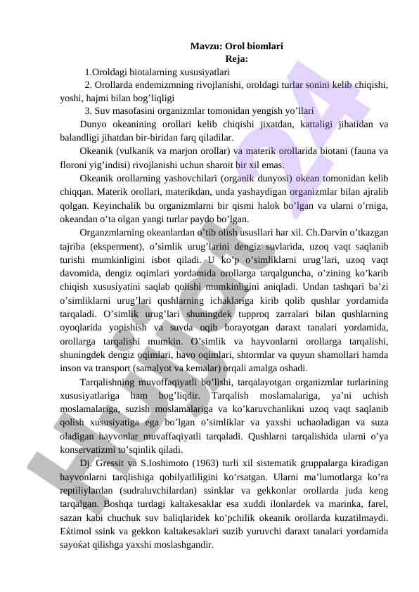 Orol biomlari va ularning xususiyatlari