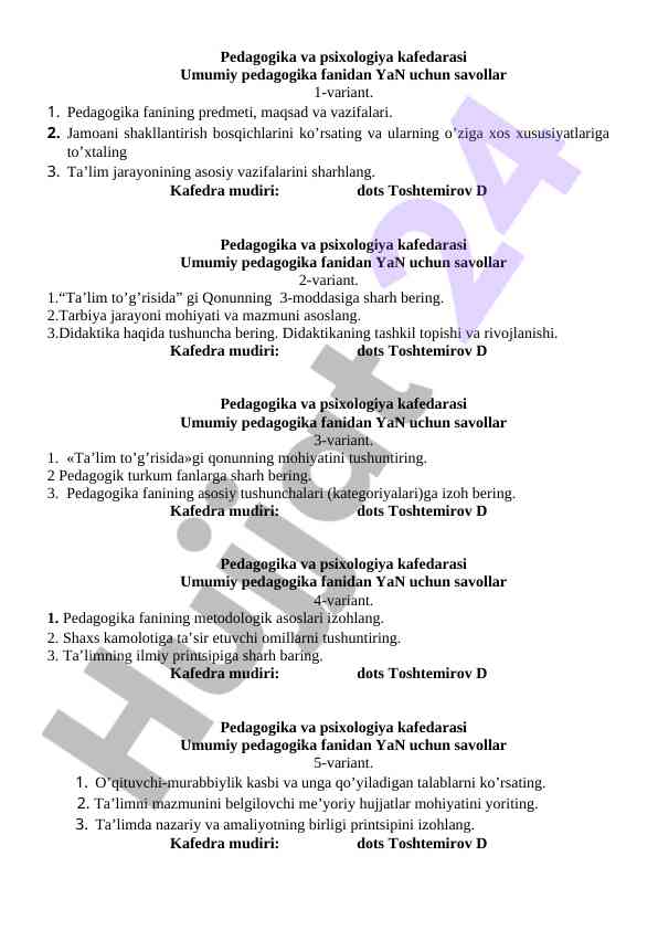 Umumiy pedagogika faniga savollar to'plami