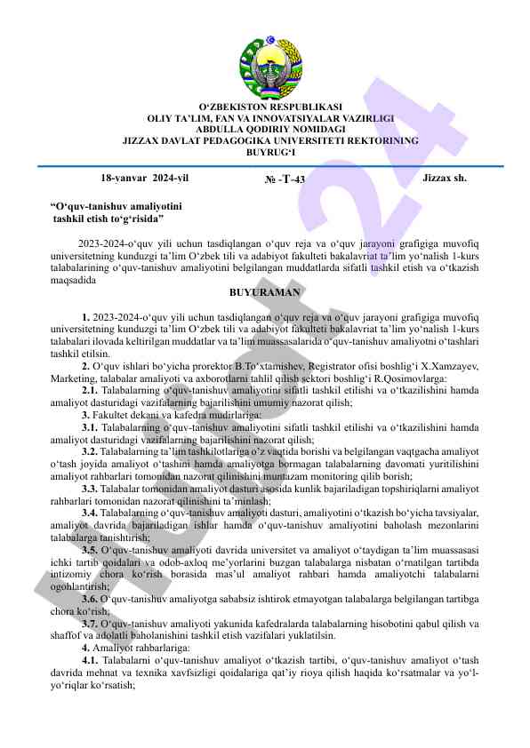 O‘quv-tanishuv amaliyotini tashkil etish 2023-2024