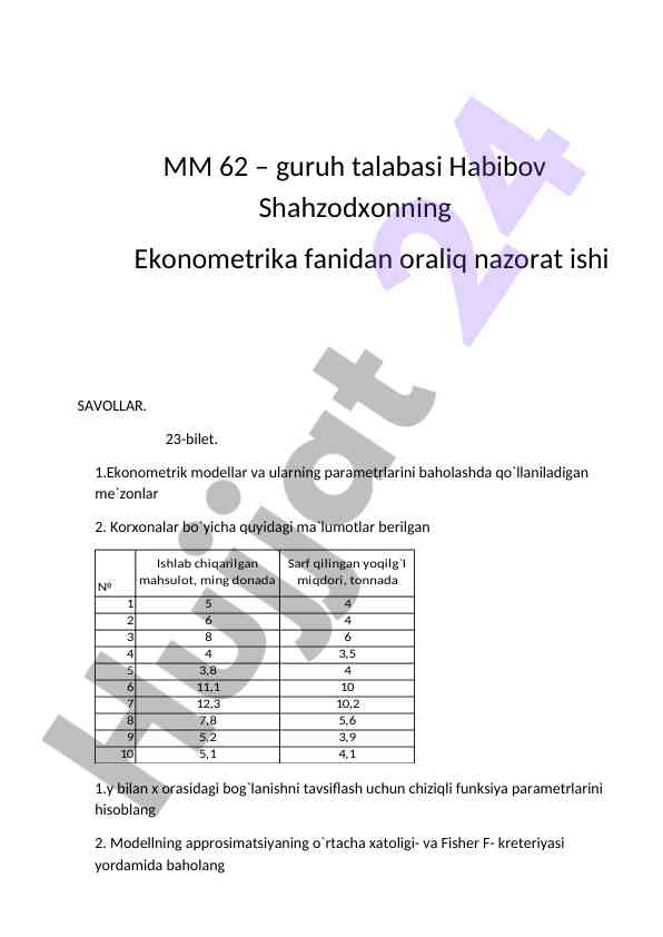 Ekonometrika fanidan oraliq nazorat ishida savollar