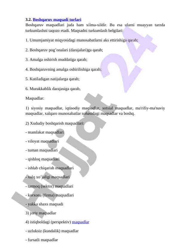Boshqaruv maqsadlari turlari va ularning tasnifi