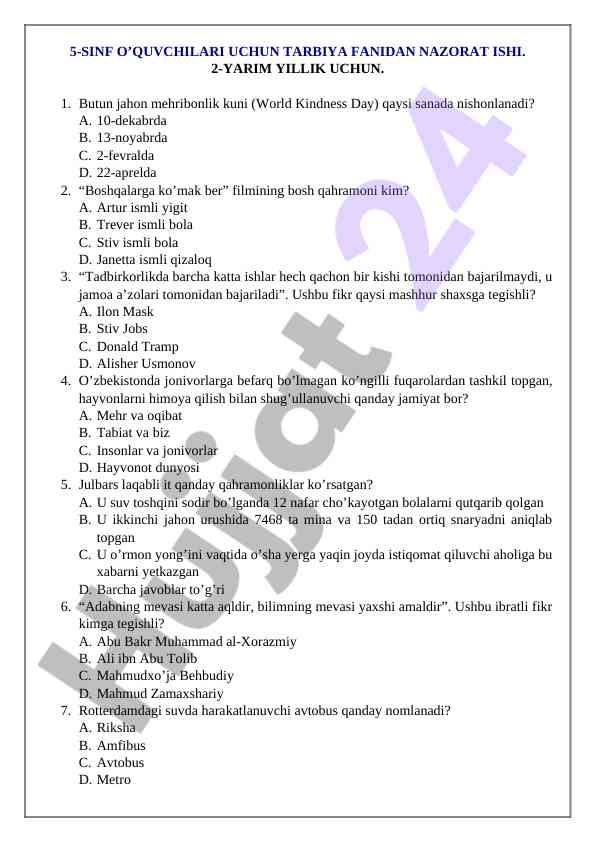 5-sinf o‘quvchilari uchun tarbiya fanidan nazorat ishlari
