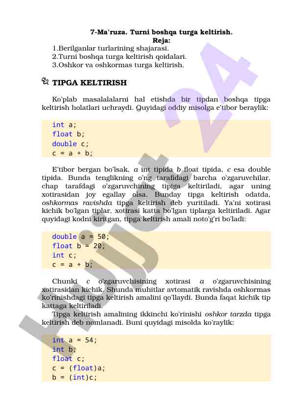 Tipni boshqa tipga keltirish qoidalari va misollar