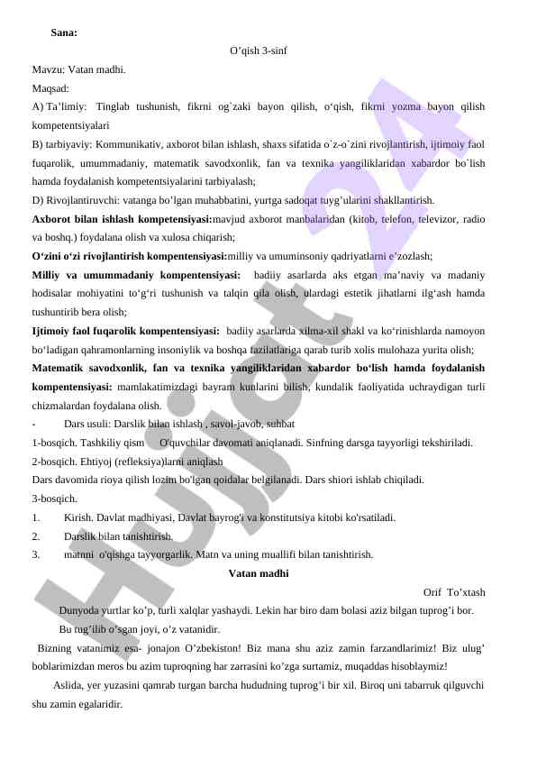 Vatan madhi o’qish 3-sinf dars ishlanmasi