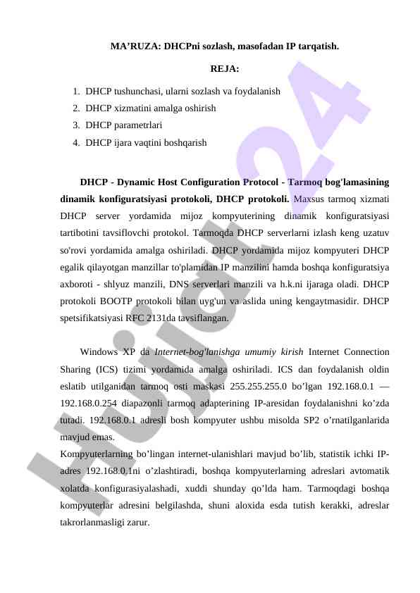 Dhcpni sozlash va ip tarqatish tushunchalari