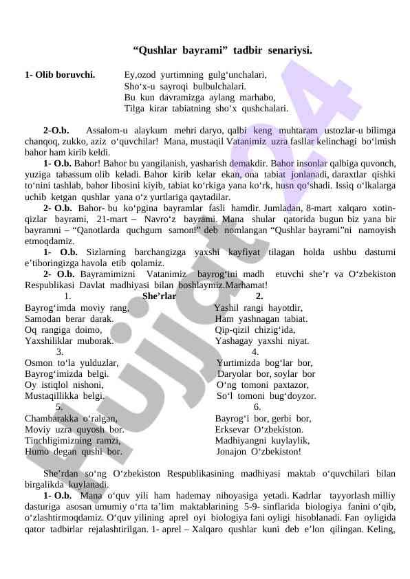 Qushlar bayrami tadbir senariysi