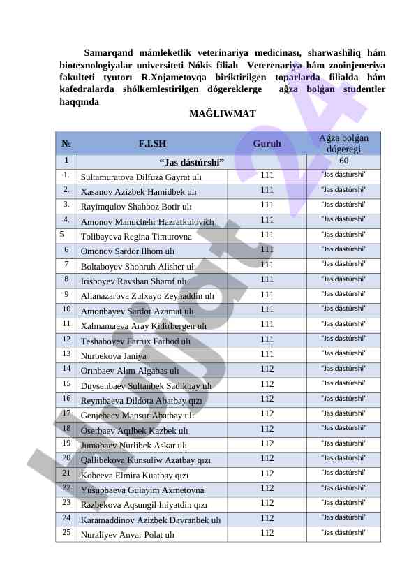 Veterinariya talabalari haqida ma'lumotlar