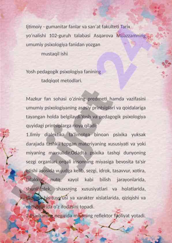 Yosh pedagogik psixologiya fanining tadqiqot metodlari