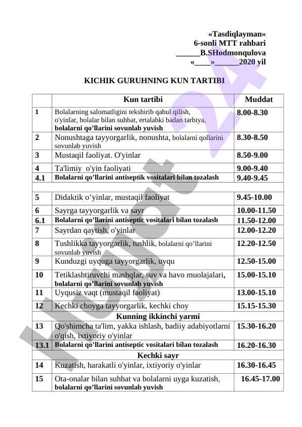Kichik guruhning kun tartibi reja