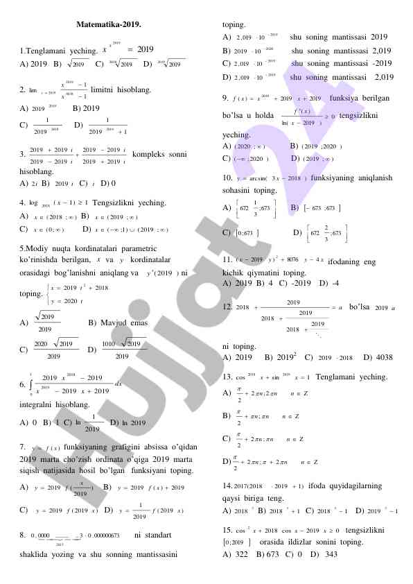 Matematika testlari 2019 yiliga oid