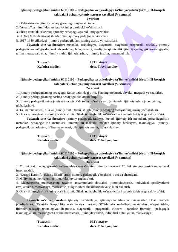 Ijtimoiy pedagogika fanidan yakuniy nazorat savollari