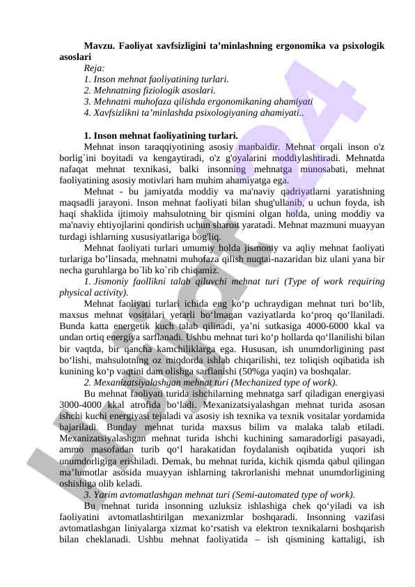 Faoliyat xavfsizligini ta’minlash ergonomik asoslari