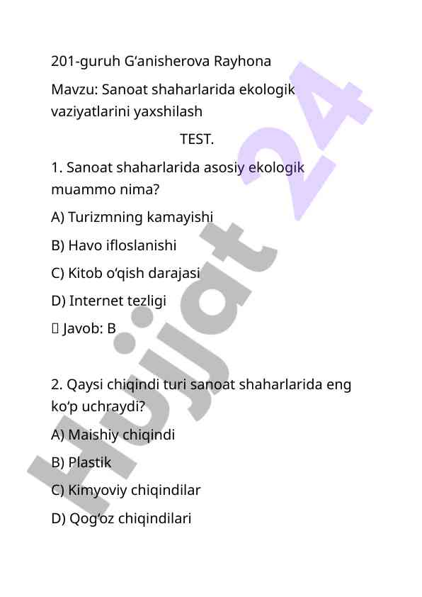 Sanoat shaharlarida ekologik vaziyatlarni yaxshilash