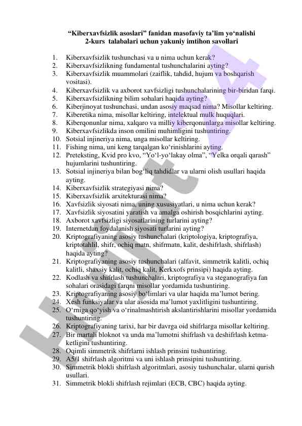 Kiberxavfsizlik asoslari bo'yicha yakuniy imtihon savollari