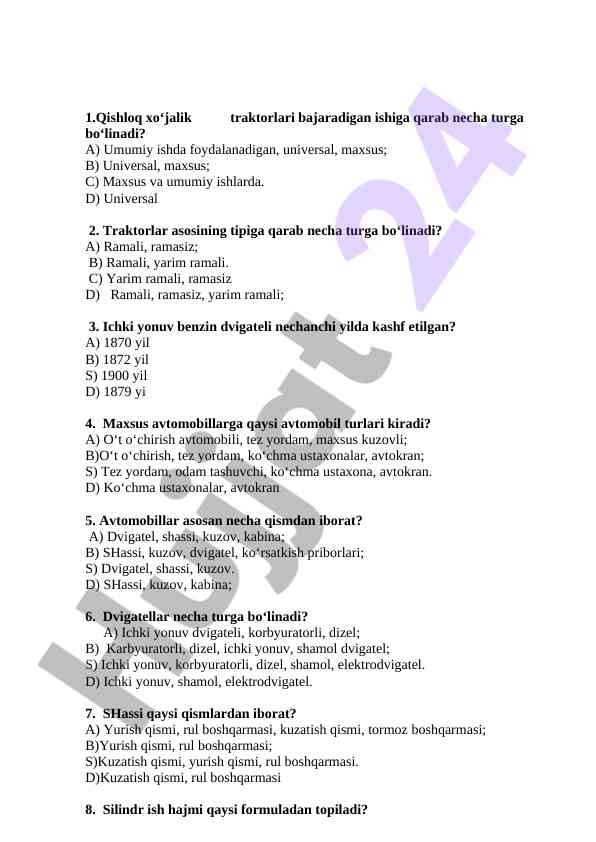 Qishloq xo‘jalik traktorlari bo‘yicha test savollari