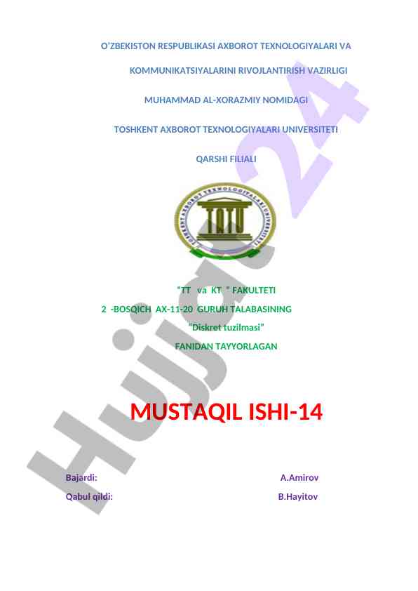 Diskret tuzilmasi fanidan mustaqil ish