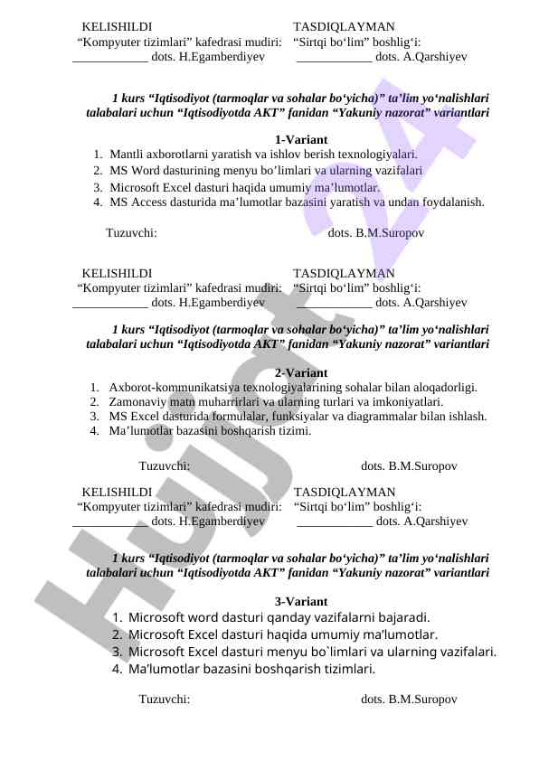 Iqtisodiyotda akt fanidan yakuniy nazorat variantlari