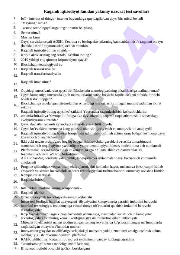 Raqamli iqtisodiyot test savollari