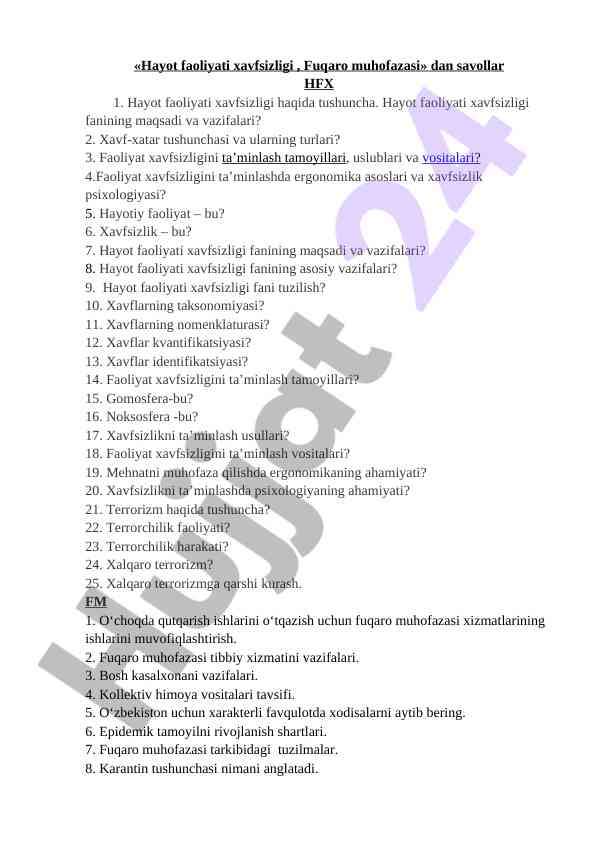 Hayot faoliyati xavfsizligi fanining asosiy tushunchalari