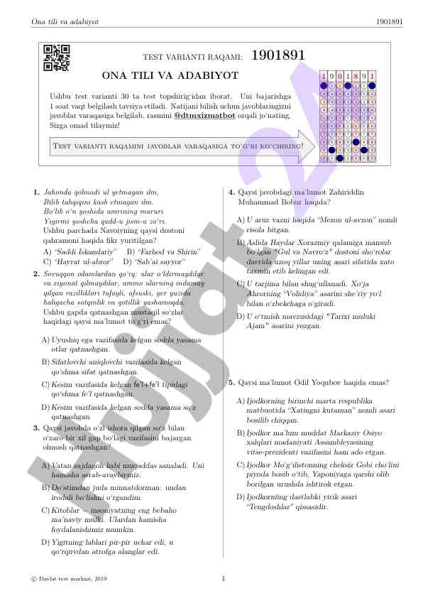 Ona tili va adabiyot test varianti 1901891