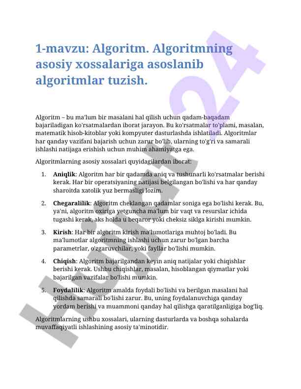 Algoritmning asosiy xossalari va tuzilishi