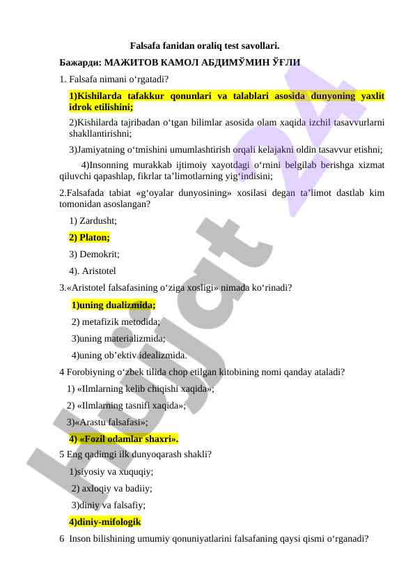 Falsafa fanidan oraliq test savollari