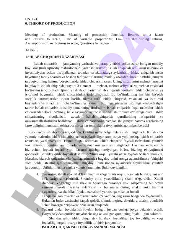 Ishlab chiqarish nazariyasi va tushunchalari