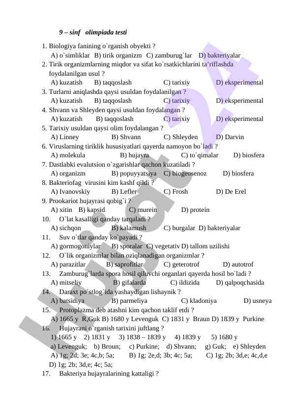 Biologiya fanidan 9-sinf olimpiada testi