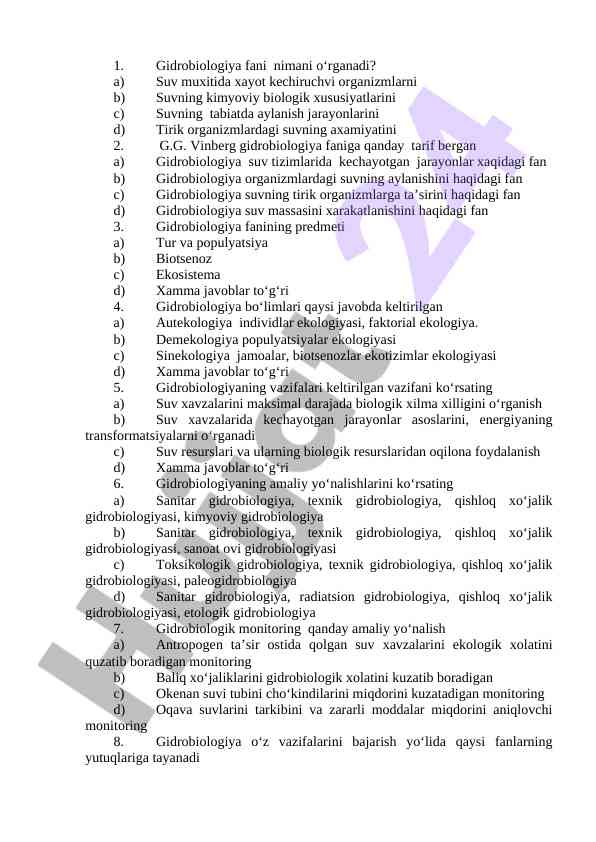 Gidrobiologiya fanining asosiy konseptsiyalari