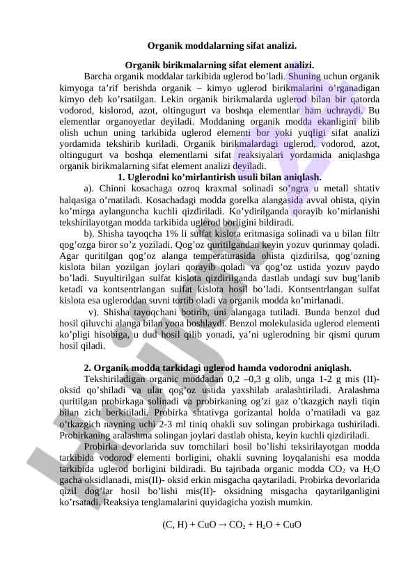 Organik moddalarning sifat analizi va tarifi