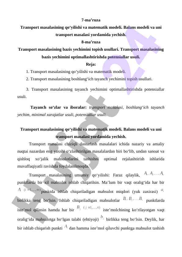 Transport masalasining matematik modeli va yechimi