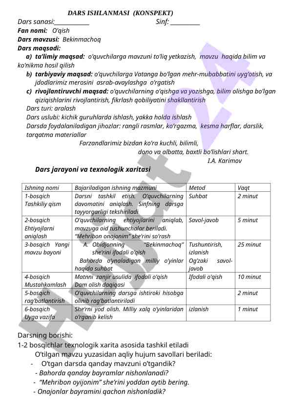 Bekinmachoq dars ishlanmasi va maqsadlari