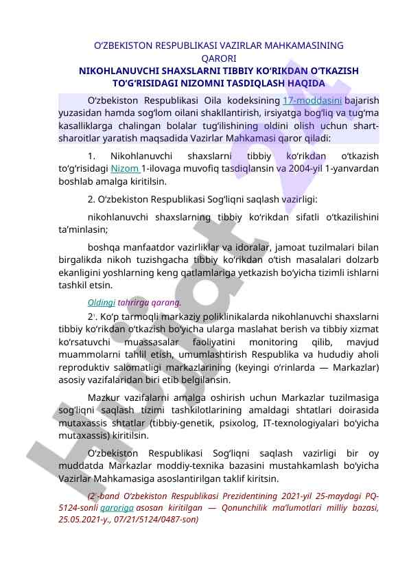 Tibbiy ko‘rik nizomi haqida qaror