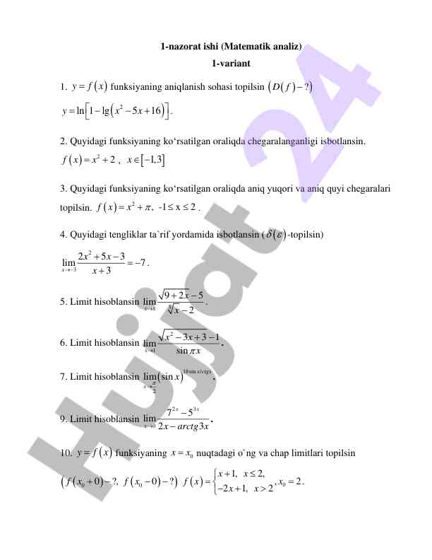 Matematik analiz nazorat ishining misollari