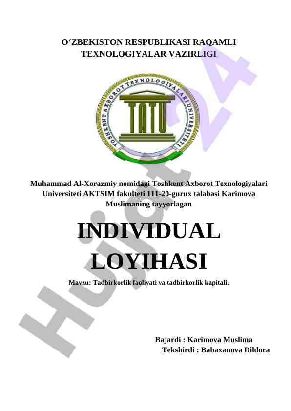 Tadbirkorlik faoliyati va tadbirkorlik kaptali loyihasi
