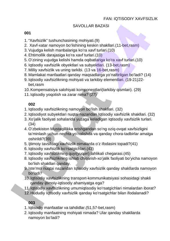 Iqtisodiy xavfsizlik savollar bazasi vositalari