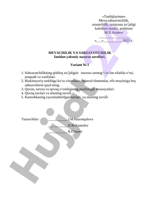 Mevachilik va sabzavotchilik yakuniy nazorat savollari
