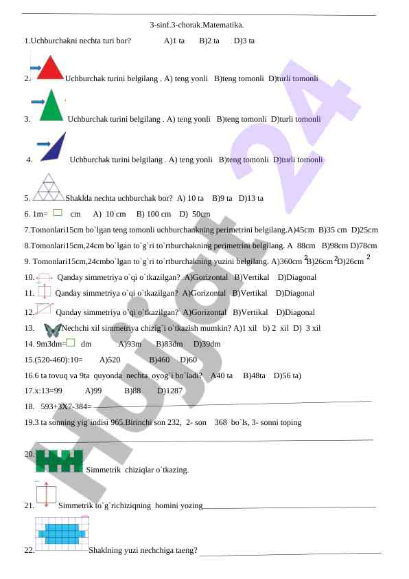 Matematika 3-sinf test savollari