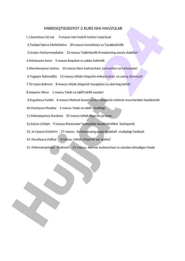 Mikroiqtisodiyot kurs ishi mavzulari