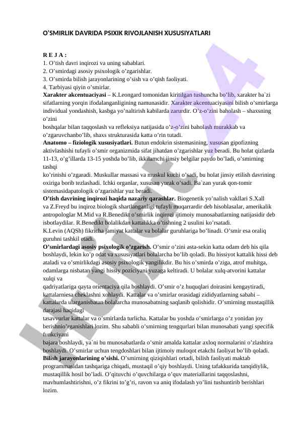 O’smirlik davrida psixik rivojlanish xususiyatlari