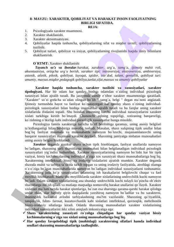 Xarakterning psixologiyadagi o‘rni va ahamiyati