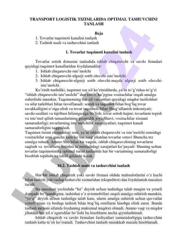 Transport logistik tizimlarida optimal tashuvchini tanlash