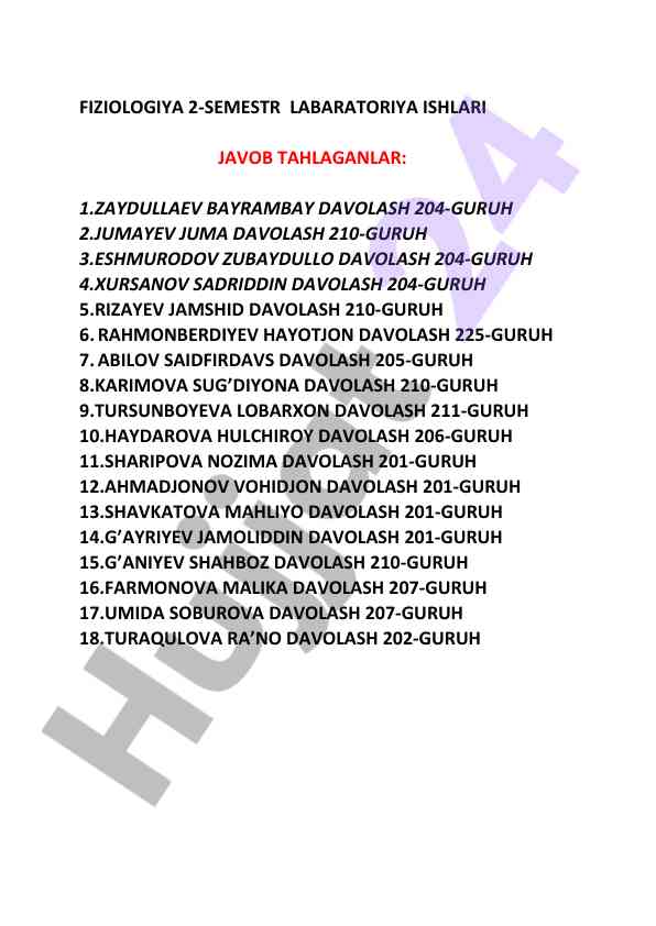 Fiziologiya 2-semestr laboratoriya ishlari tahlil