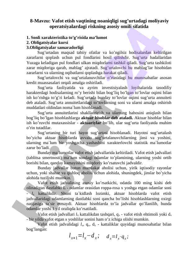 Sug‘urtadagi moliyaviy operatsiyalar va risklar